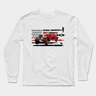 Vintage Fire Truck with Firefighter Flag Long Sleeve T-Shirt